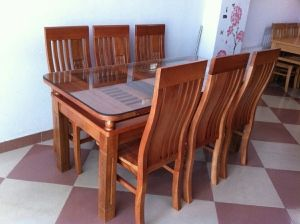 Bộ bàn ăn 2 tầng gỗ sồi phun màu 80cmx1m6 kèm 6 ghế 