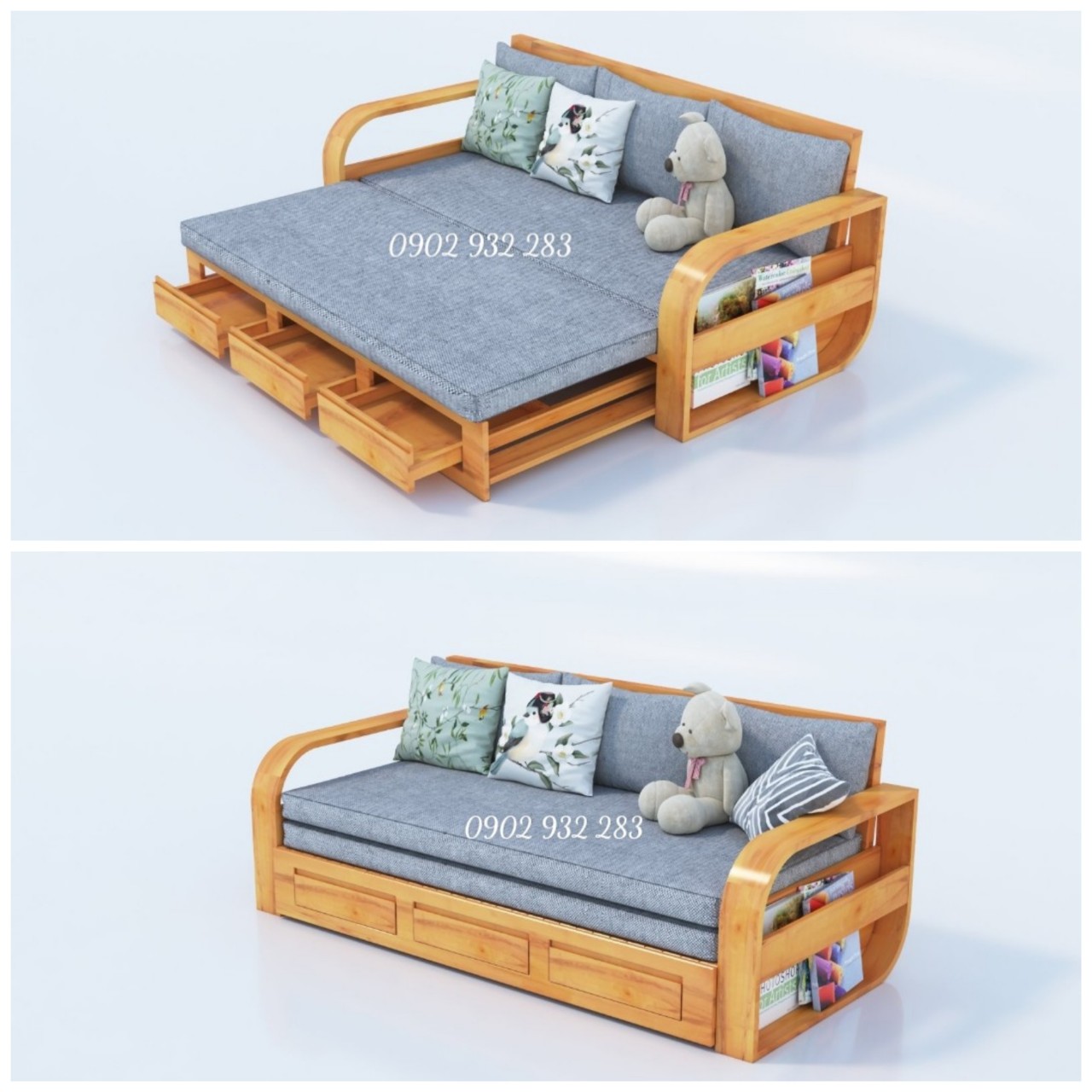 Bộ Sofa gỗ sồi ghế giường 2 trong 1