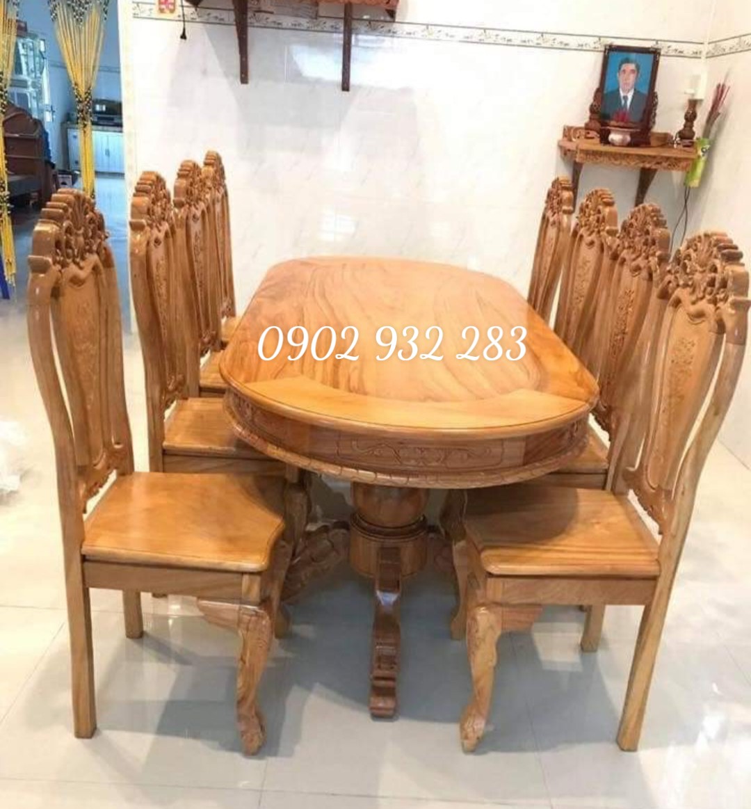 Bộ bàn ăn gỗ gõ đỏ 8 ghế bàn ô van kính thước bàn 90cm x 1m90