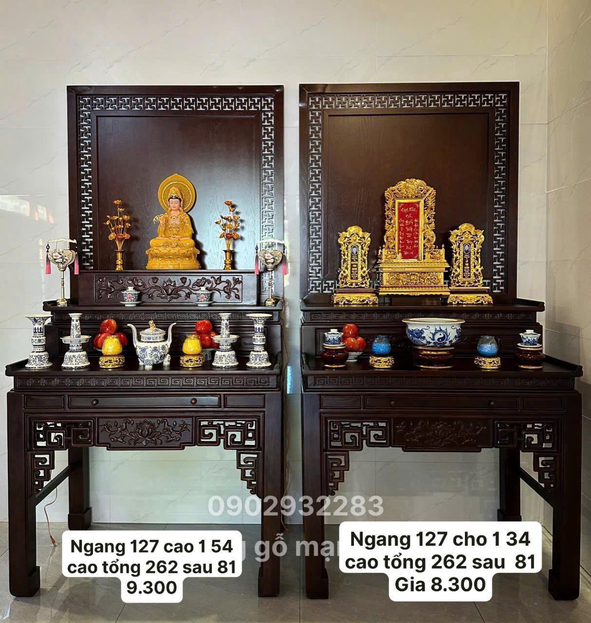 Bàn thờ 3 tầng mẫu triện sen cao vách 2m62