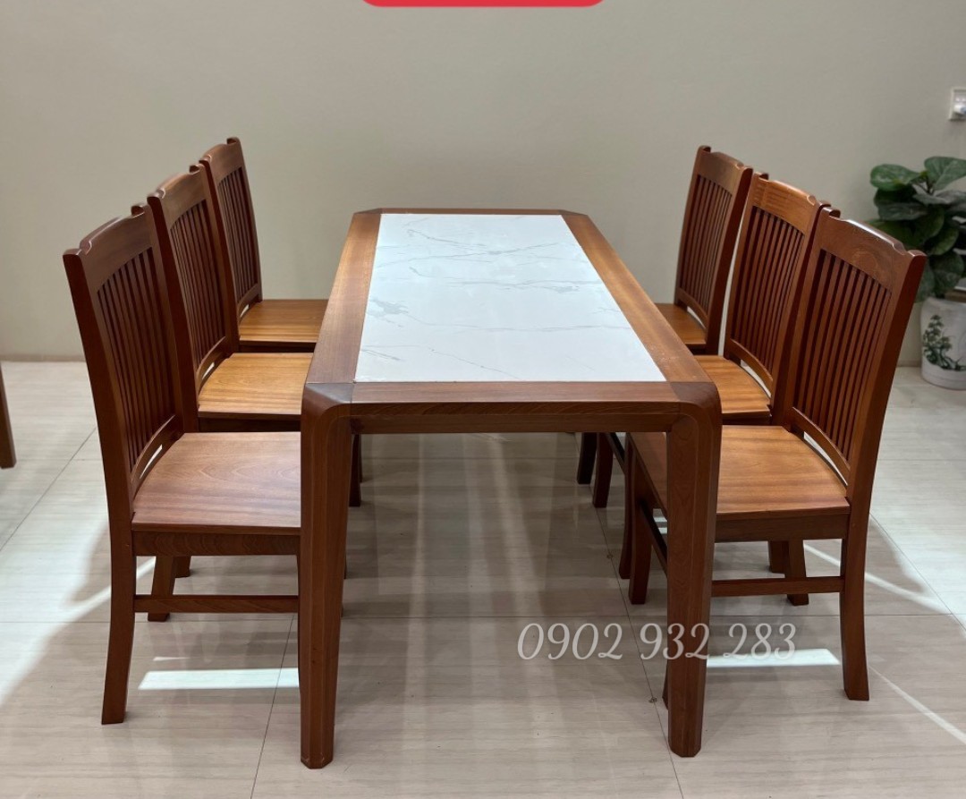 Bộ bàn ăn mặt đá 6 ghế gỗ xoan đào mặt đá trắng 