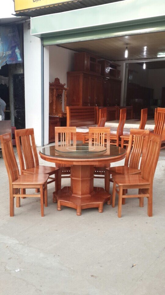 Bộ bàn ăn tròn 6 ghế nan dài gỗ sồi MS 7.6