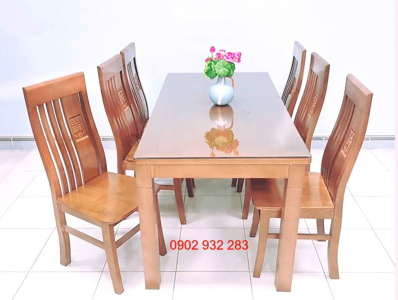 Bộ bàn ăn 6 ghế gỗ sồi mặt đặc màu cánh gián