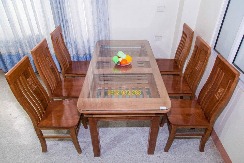 Bộ bàn ăn 6 ghế gỗ xoan đào 80cm x 1m6 mẫu 2 tầng