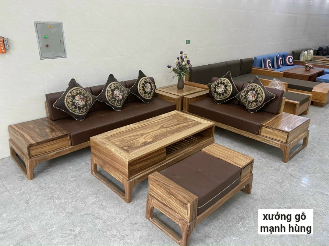 Bộ sofa gỗ hương xám mẫu 2 văng 