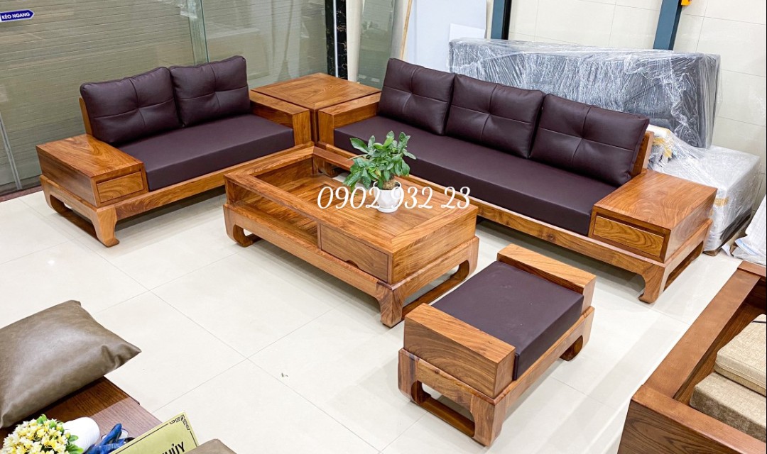Bộ sofa gỗ hương  mẫu 2 văng chân quỳ