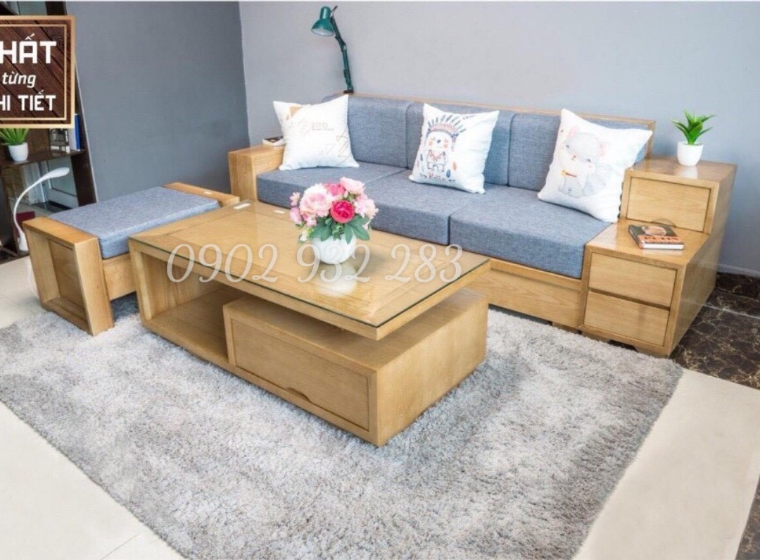 Bộ sofa 3 món gỗ sồi tay hộc kéo 