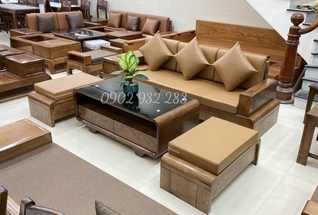 Bộ sofa 4 món gỗ sồi chân cuốn
