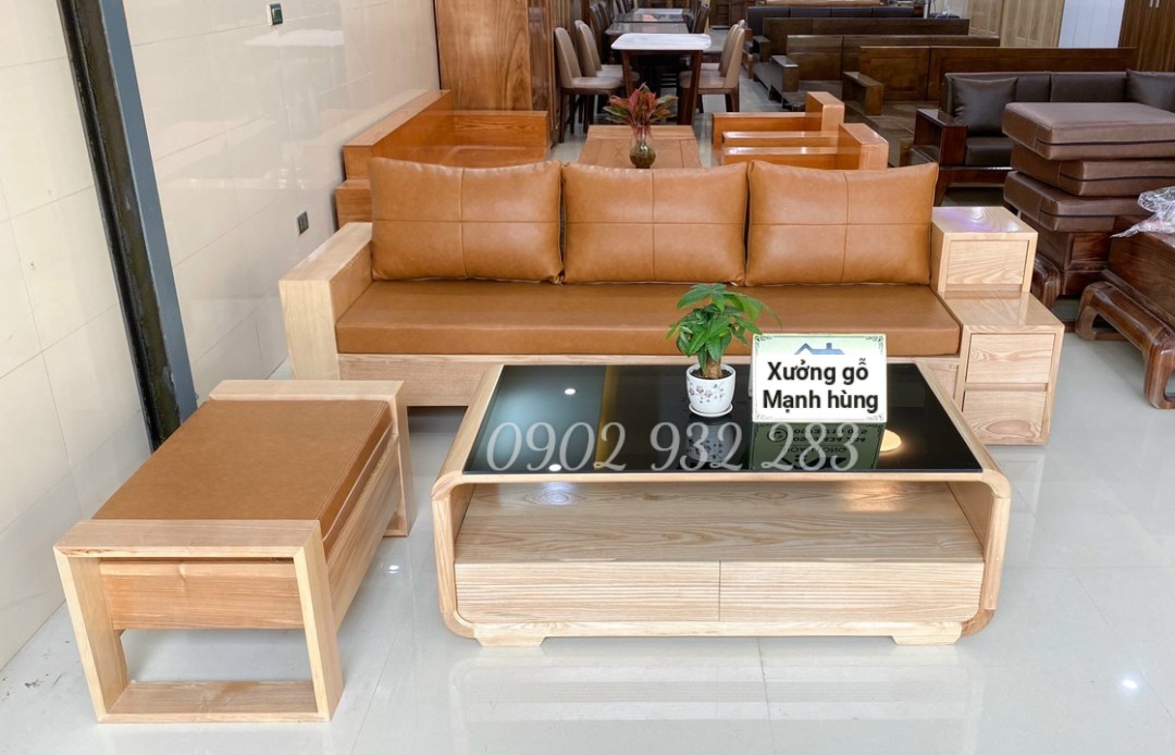 Bộ sofa 3 món gỗ sồi tay 3 hộc kéo bàn bo