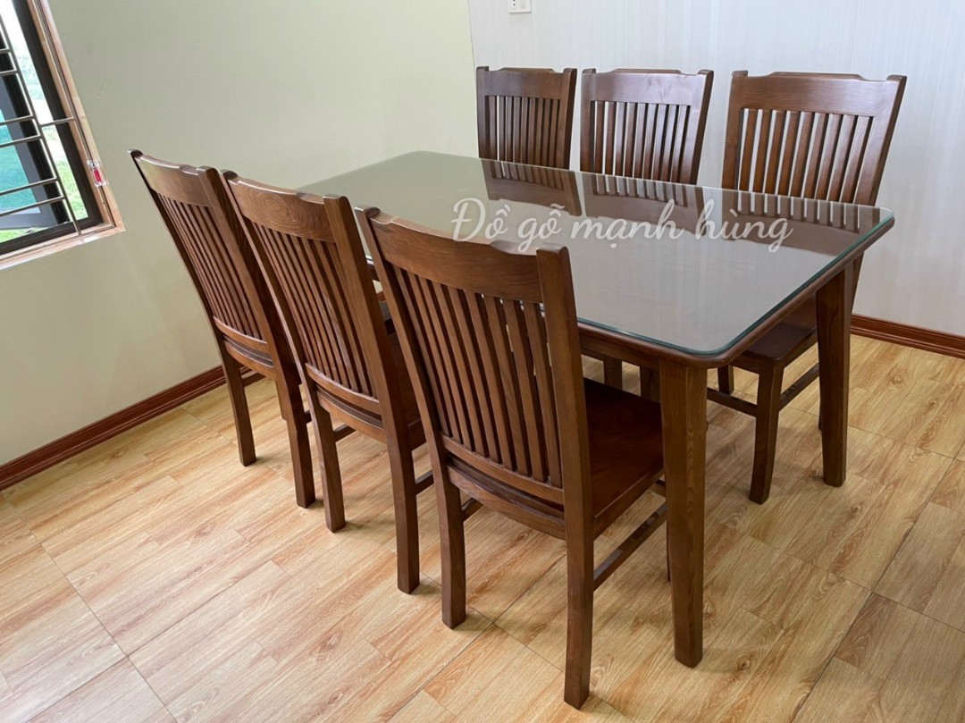 Bộ bàn ăn 6 ghế gỗ sồi ghế 9 lan màu óc chó BA 6.9