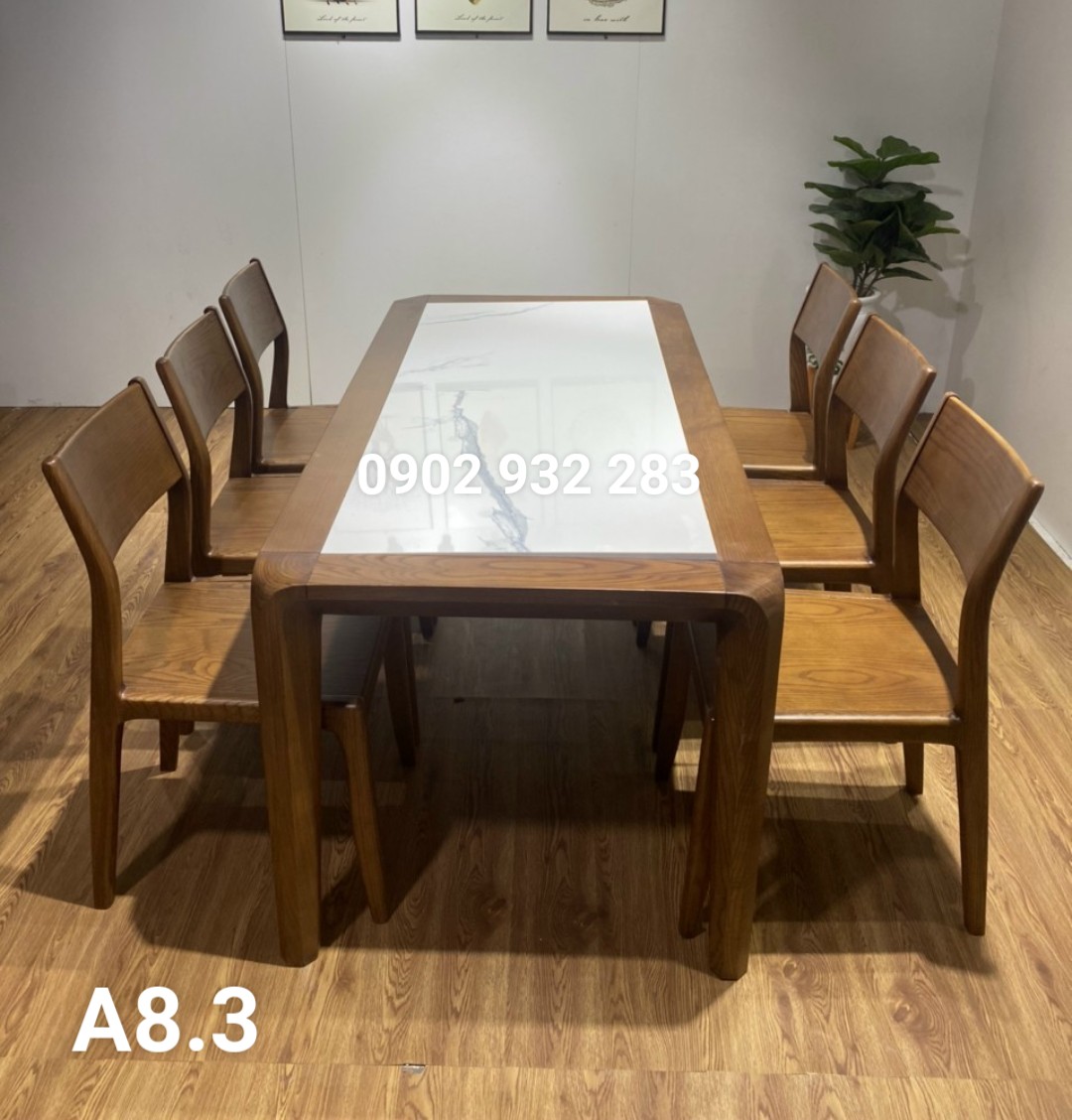 Bộ bàn ăn gỗ sồi mặt đá ghế 1 lan cong A83