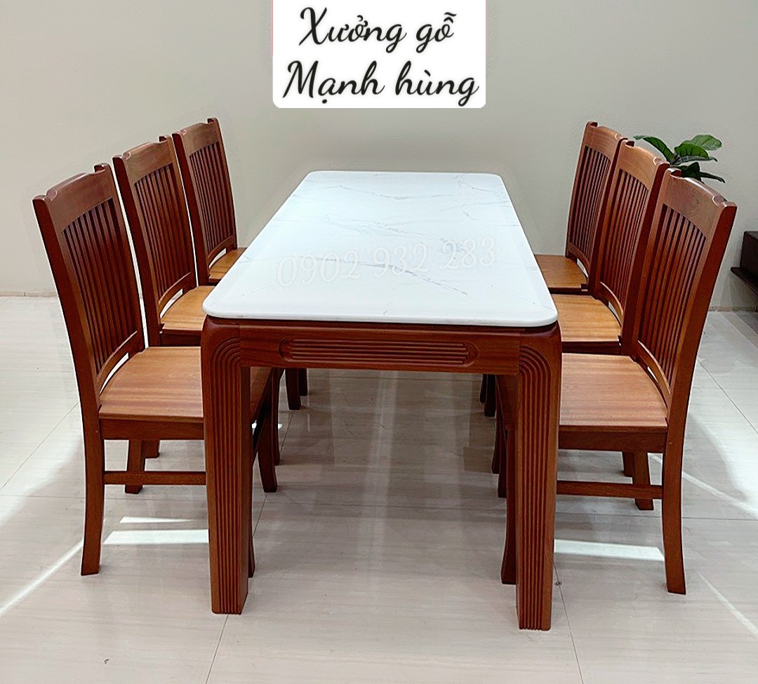 Bộ bàn ăn 6 ghế gỗ xoan đào mặt đá XD2