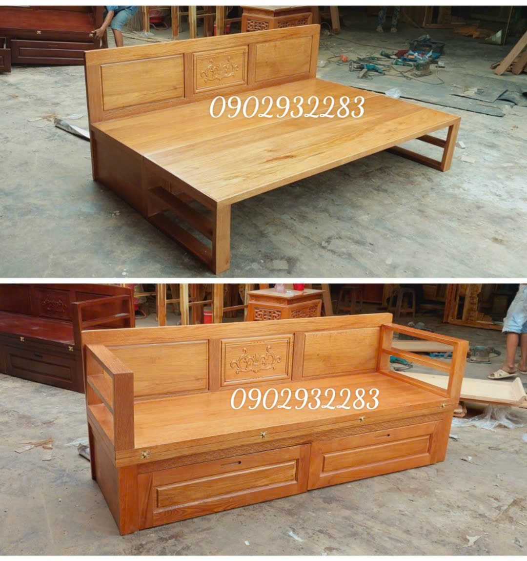 Sofa giường gỗ sồi cau cao 40cm 